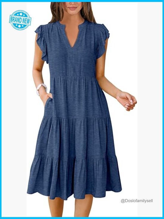 Dresses & Skirts - V Neck Ruffle Sleeve Tiered Midi Dress Flowy Casual Boho Beach Vacation Summer